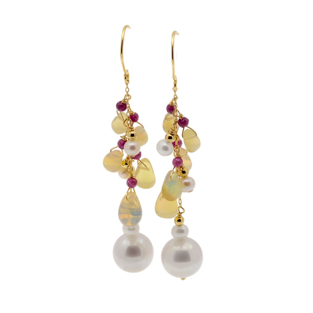 Nincs minimálár - Drop fülbevaló - 18 kt. Sárga arany Gyöngy - Opál - Ruby #3.2