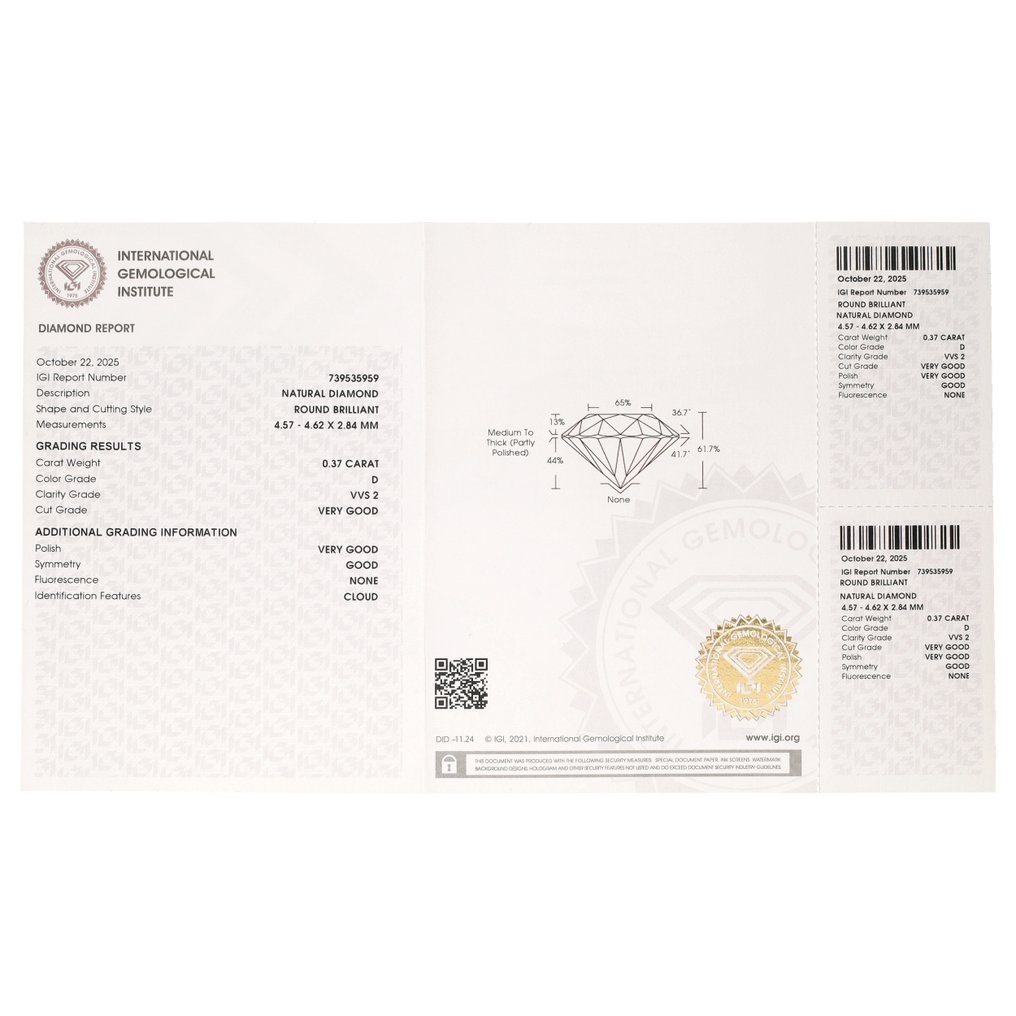 No reserve price - 1 pcs Diamond (Natural) - 0.37 ct - Round - D (colourless) - VVS2 - International Gemological Institute (IGI) #3.2