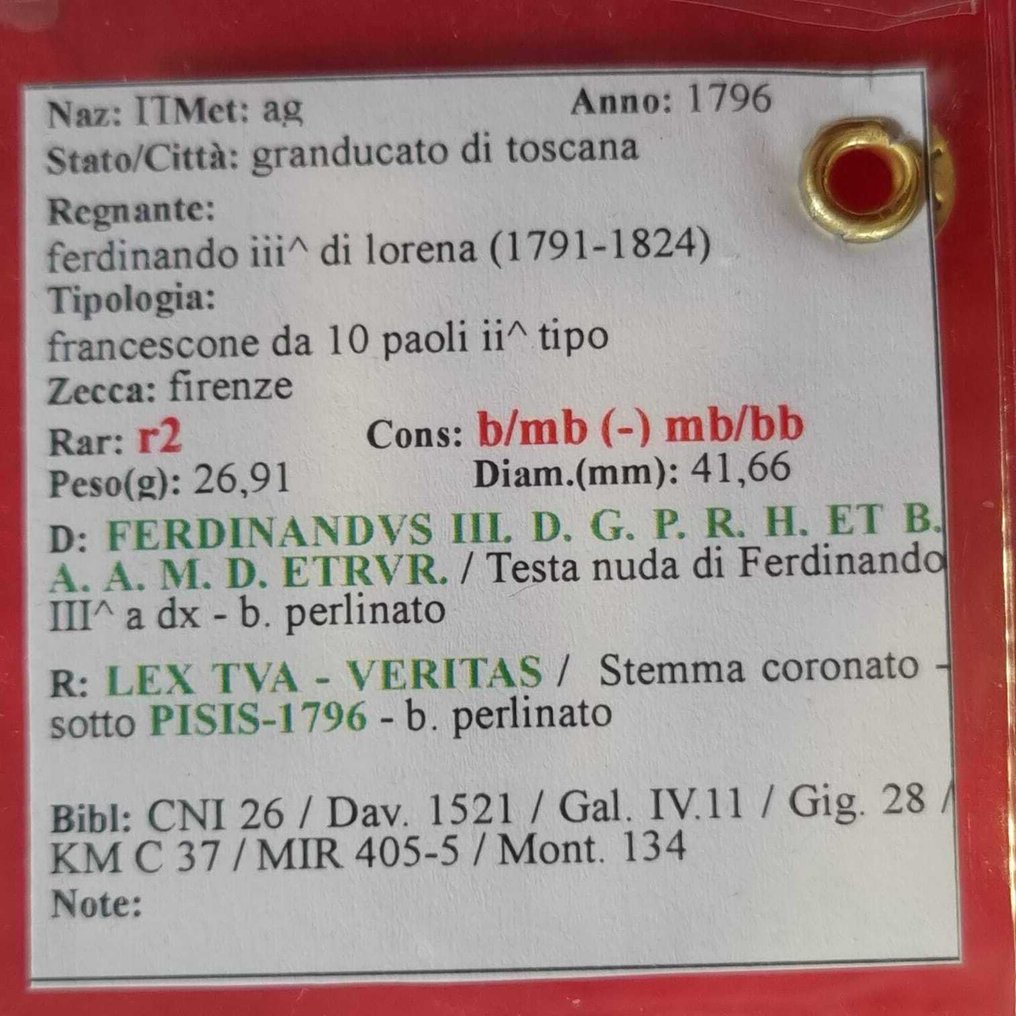Italië, Groothertogdom van Toscane Ferdinando III di Lorena (1791-1824). Francescone 10 Paoli 1796 (Zonder minimumprijs) #2.1
