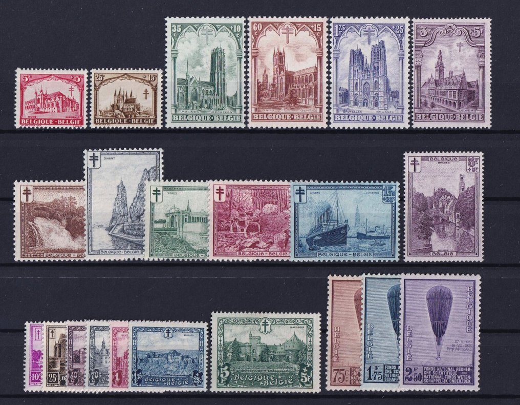 比利時 1928/1932 - 4 系列 POSTFRIS:大教堂、风景、城堡和气球 Piccard - OBP/COB 267/72, 293/98, 308/14, 353/55 #1.0