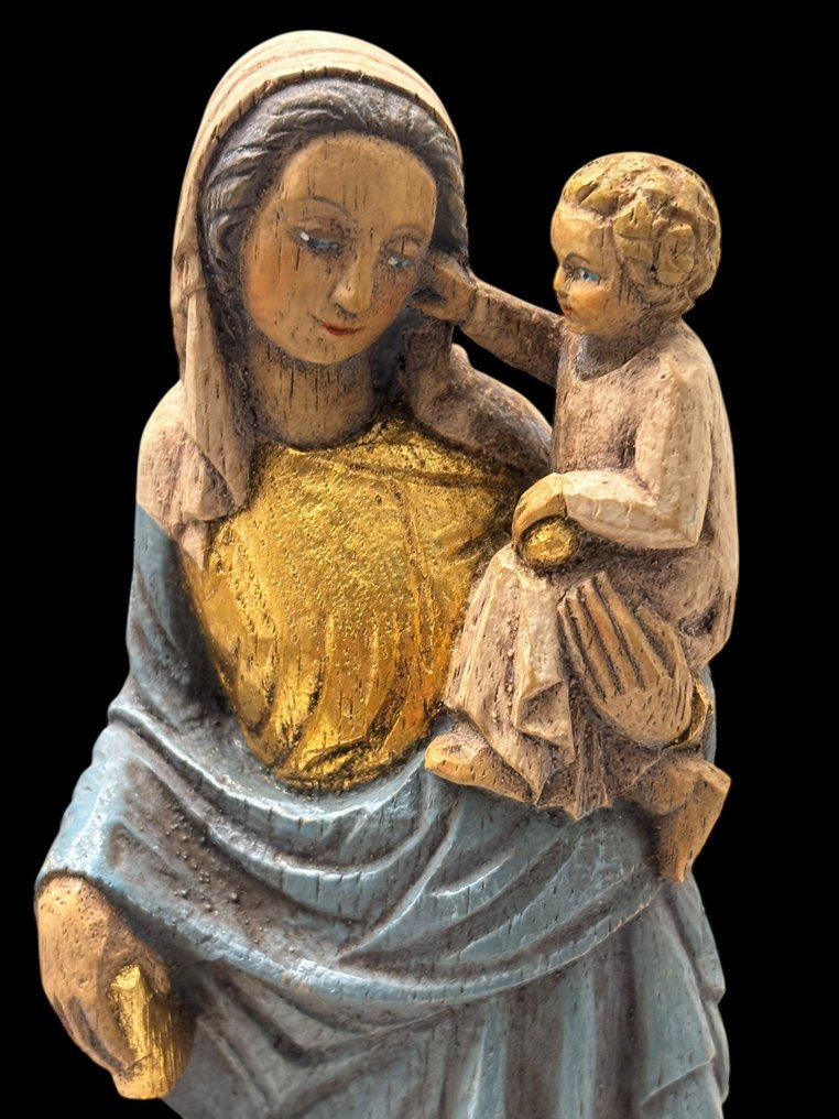 Figură - Maria cu Pruncul Iisus sub stâlp - 24 cm - Lemn - secolul al XX-lea #1.0