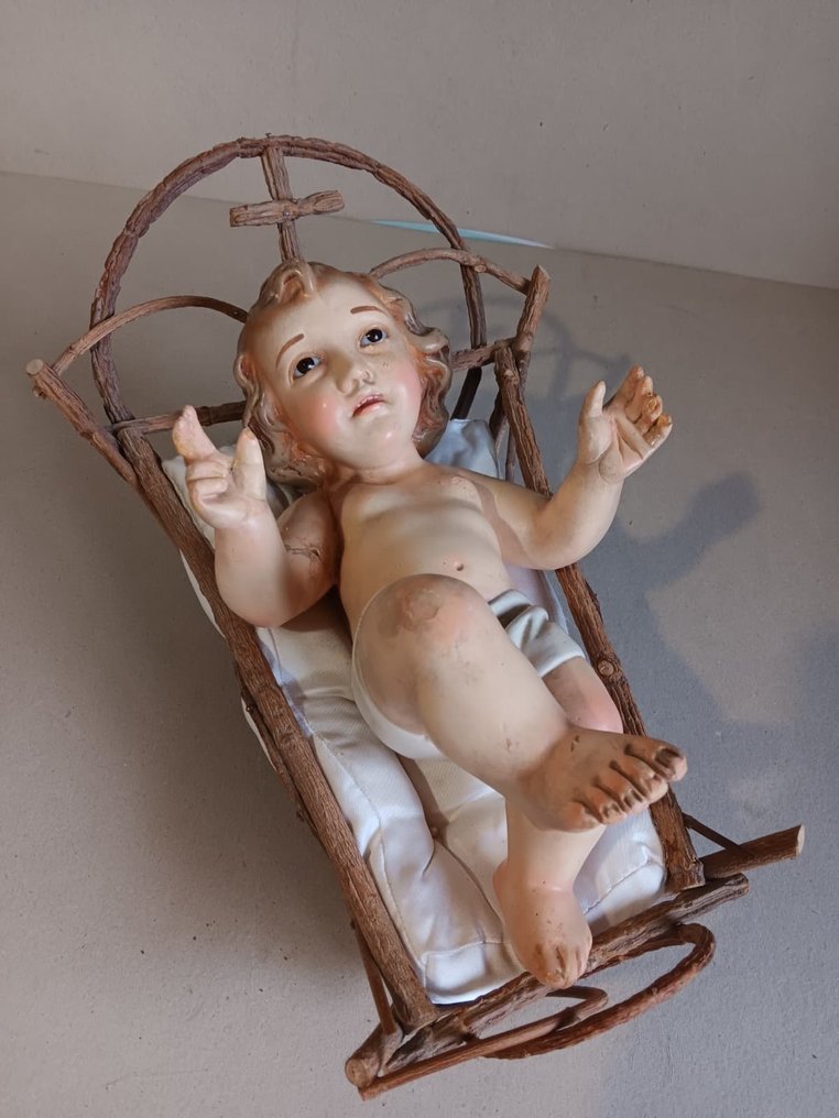 Jezus-kindje in de kribbe - 29 cm - Vintage - Gips, Hout, Textiel - Midden van de twintigste eeuw #2.1