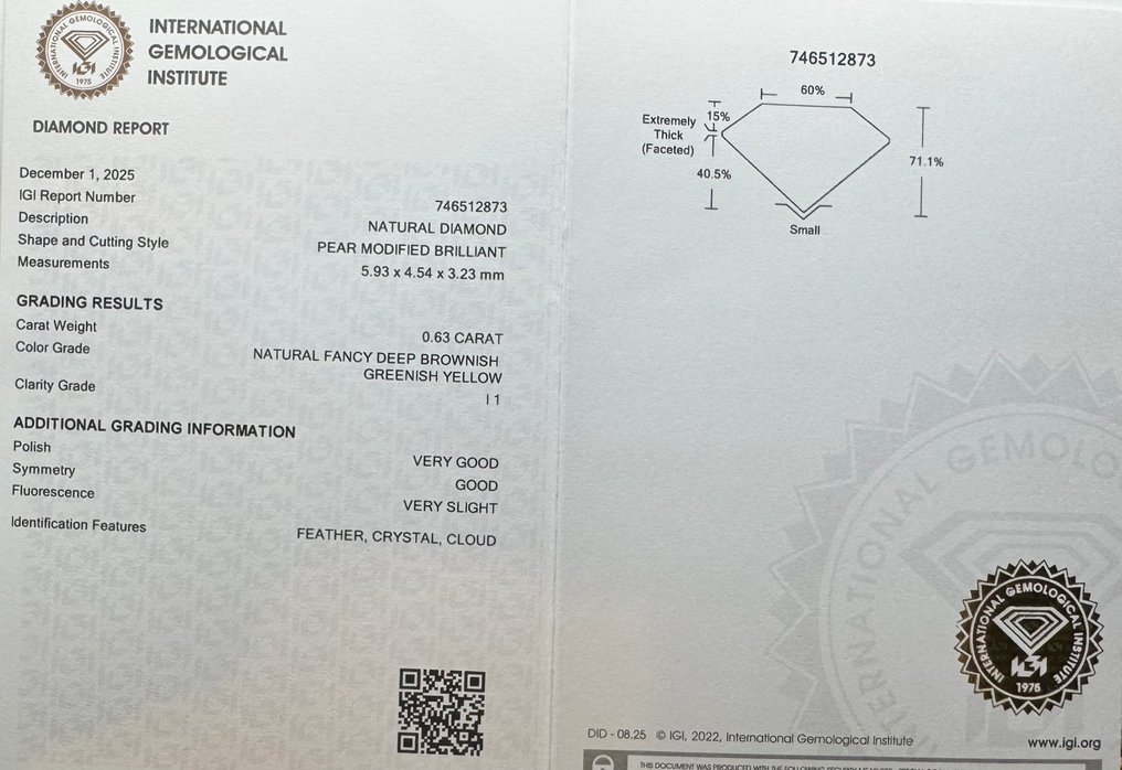 Fără preț de rezervă - 1 pcs Diamant (Colorat natural) - 0.63 ct - Pară - Fancy deep maroniu, verzui Galben - I1 - IGI (Institutul gemologic internațional) #2.1