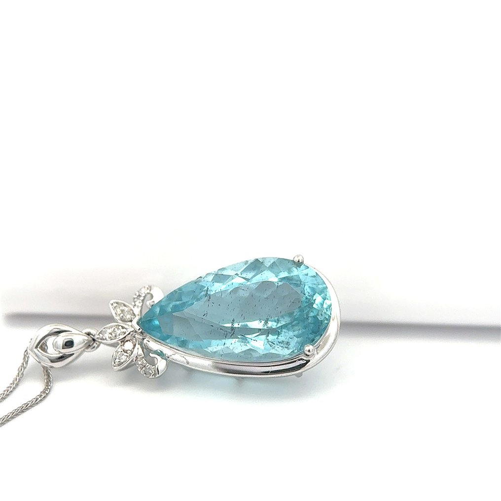 吊墜頸鏈 - 14 克拉 白金 - 5.25ct. tw. 海藍寶石 - 鉆石 #1.0