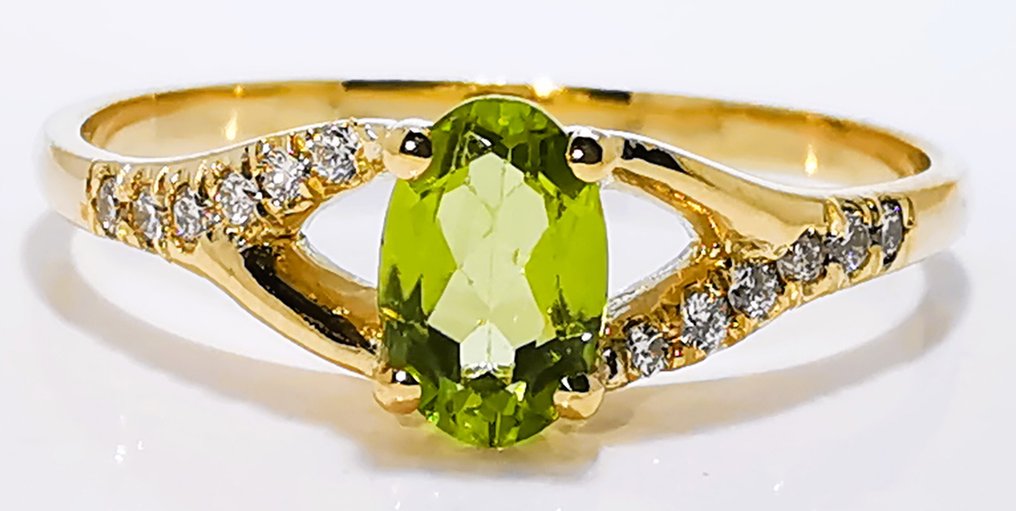 Sans prix de réserve - Bague - 14 carats Or jaune - 0.63ct. tw. Péridot - Diamant #2.1