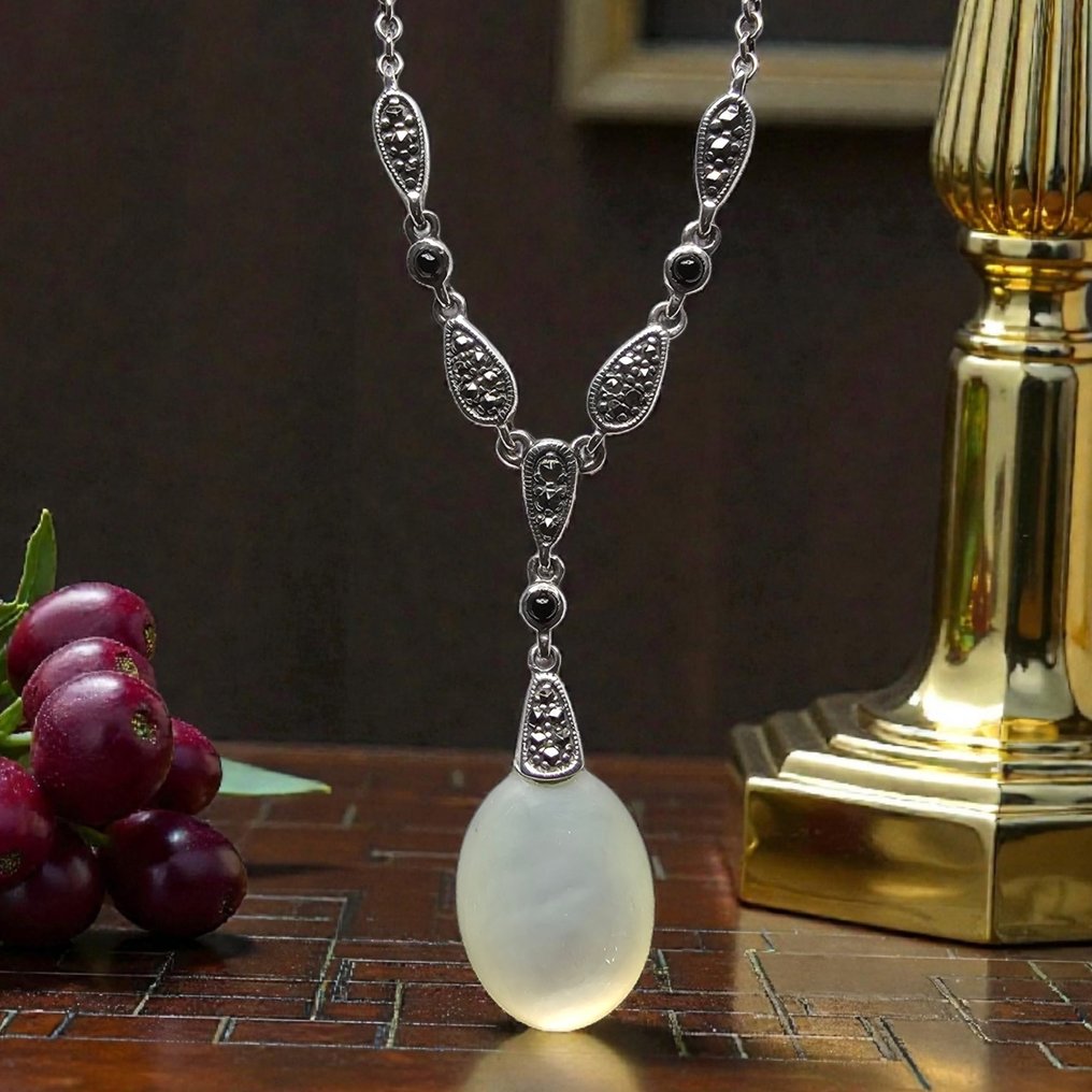 Argento, Argento sterling 925, onice nero e madreperla. - Collana con ciondolo - Art Deco Geometrico #1.0