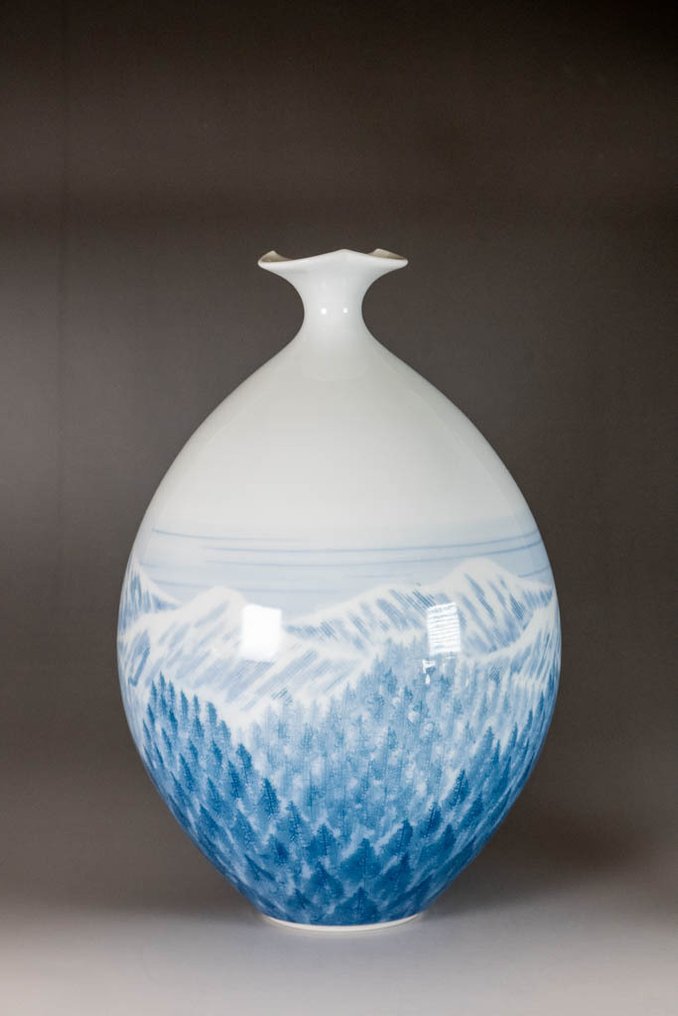 "Soshun (Early Spring)" Sometsuke Porcelain Vessel with Mountain and Forest Motif – Fujii Shumei, - Porcelain - Fujii Shumei / 藤井朱明 (1936– ) Japanese porcelain artist working in Arita, Saga Prefecture. - Japan - Shōwa period (1926-1989) #2.1