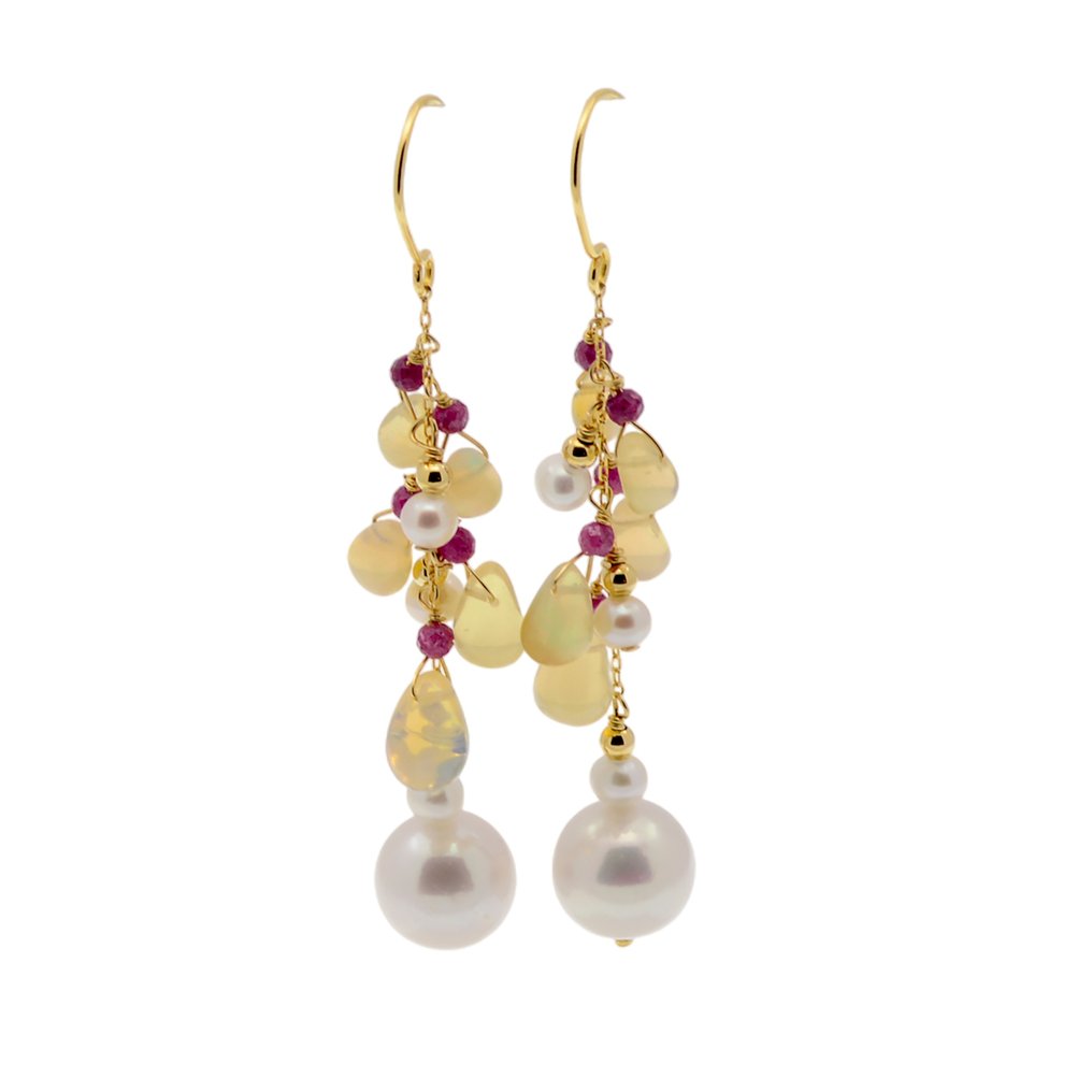 Nincs minimálár - Drop fülbevaló - 18 kt. Sárga arany Gyöngy - Opál - Ruby #4.3