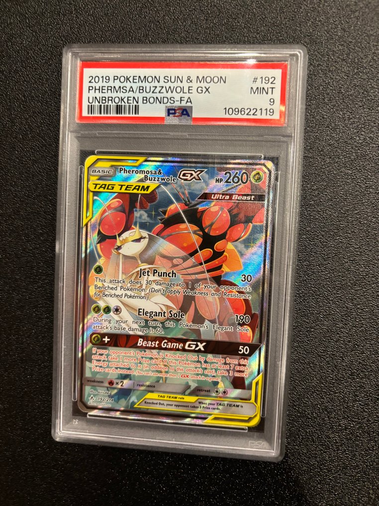 Pokémon Graded card #192 Pheromosa & Buzzwole Tag Team GX Πλήρης τέχνη - PSA 9 - Sun & Moon - Unbroken Bonds #1.0