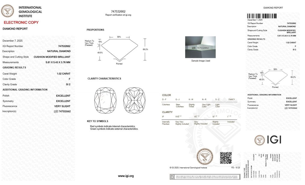 1 pcs Gyémánt (Természetes) - 1.02 ct - Párna - F - SI2 - Nemzetközi Gemmológiai Intézet (IGI) #2.1