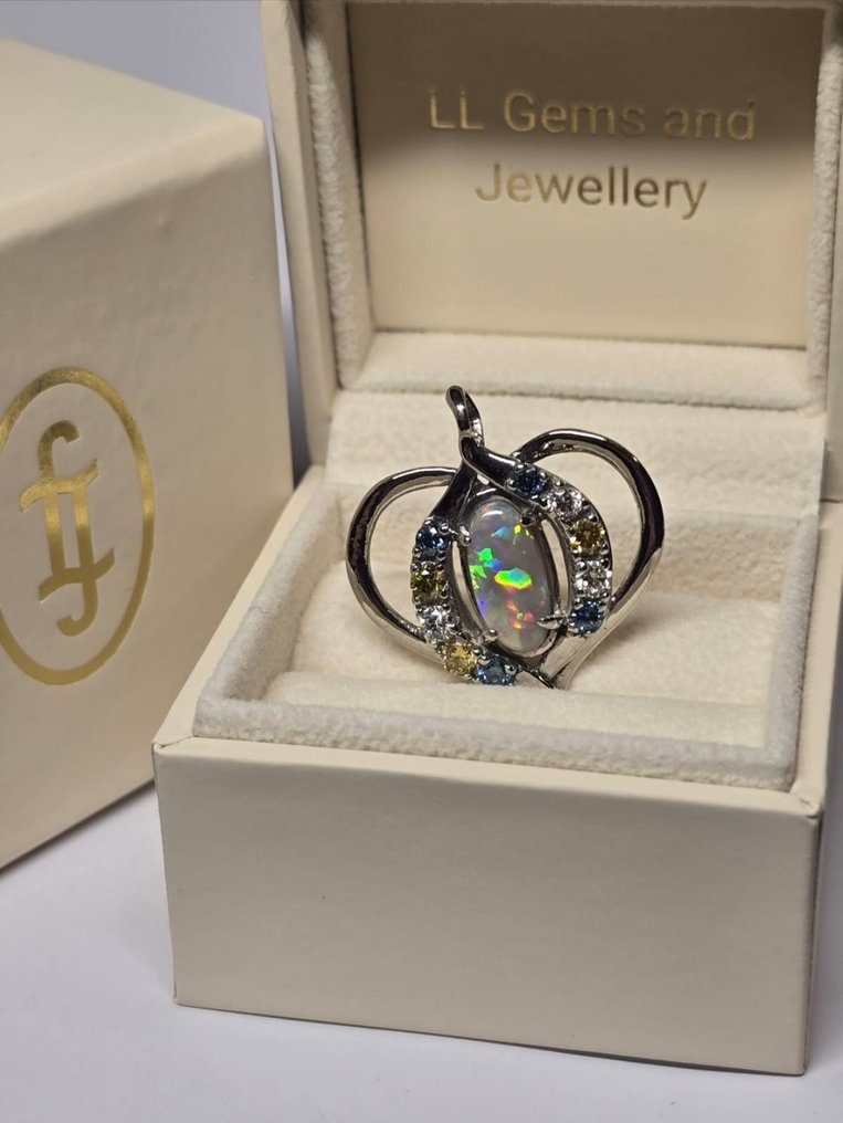 徽章吊坠 白金 蛋白石 - 钻石 - 纯正澳大利亚欧泊 #3.2