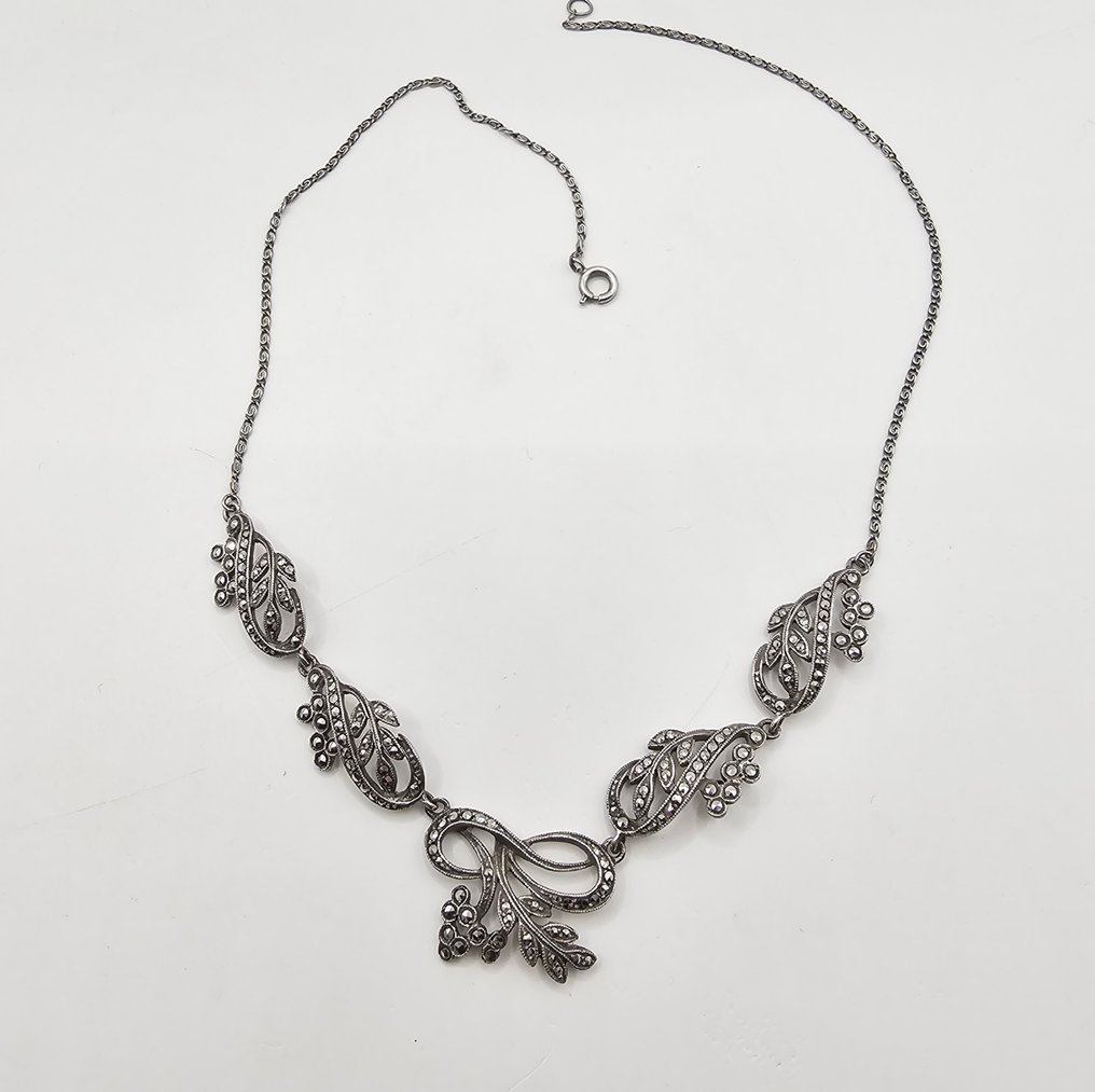 Argento, Argento sterling 925 e marcasite - Pezzo antico degli anni '20 - Collana con ciondolo - Floreale geometrico Art Deco #4.3