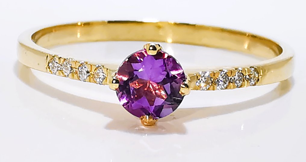 Zonder minimumprijs - Ring - 14 karaat Geel goud - 0.45ct. tw. Amethist - Diamant #3.2