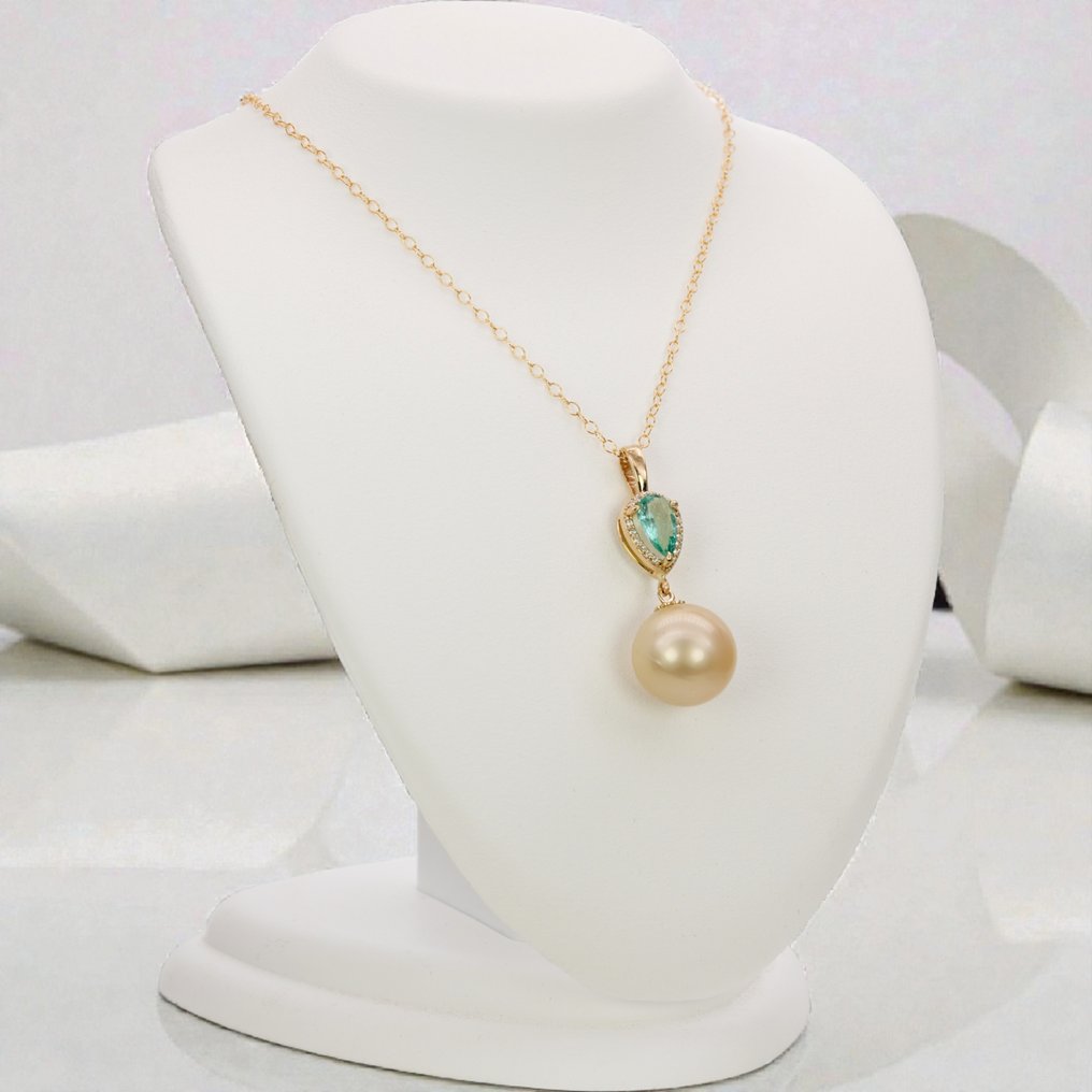 Zonder minimumprijs - Hanger - 14 karaat Geel goud Smaragd - Diamant - Smaragden & Diamanten, SSP #4.3