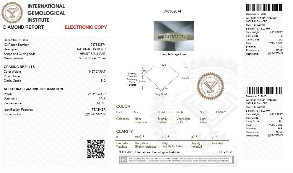 1 pcs 钻石 (天然) - 0.87 ct - 心形 - D (无色) - SI2 微内含二级 - 国际宝石研究院(IGI) #2.1