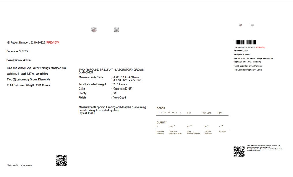 Nincs minimálár - Stud fülbevaló - 14 kt. Fehér arany - 2.01ct. tw. Gyémánt (Laboratóriumban előállított) - IGI Certified #1.0
