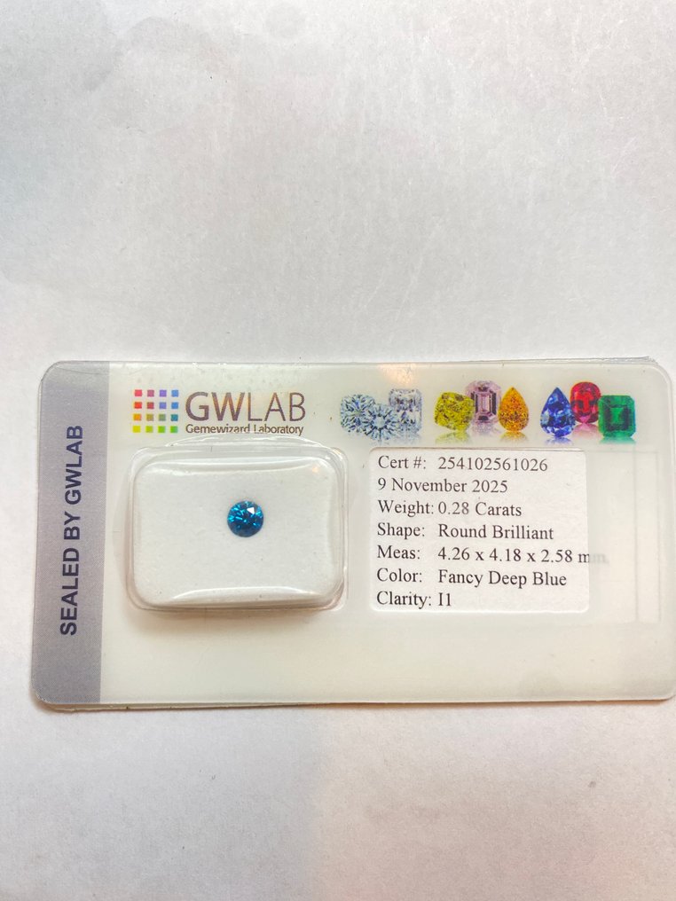No reserve price - 1 pcs Diamond  (Colour-treated)  - 0.28 ct - Round - Fancy deep Blue - I1 - Gemewizard Gemological Laboratory (GWLab) #1.0