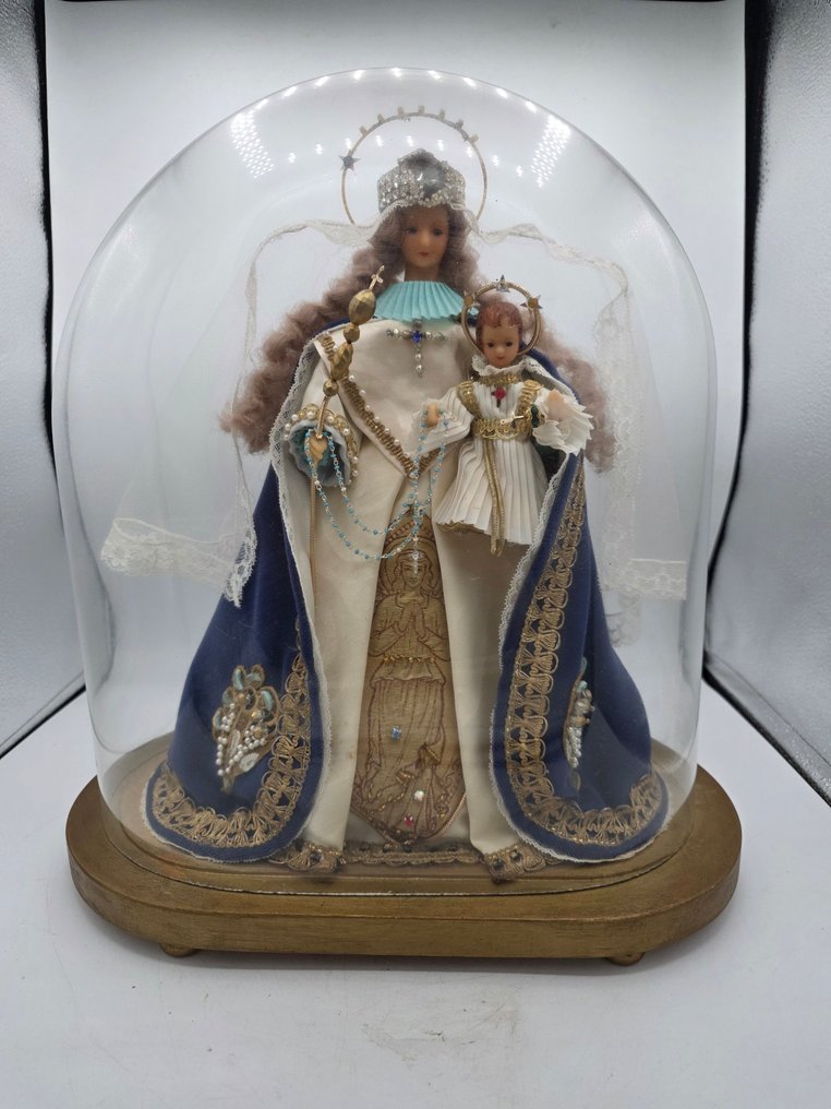 Jungfru med barnet under glob - 38,5 cm - Vax, Textil, Glas - 1960-1970 #1.0