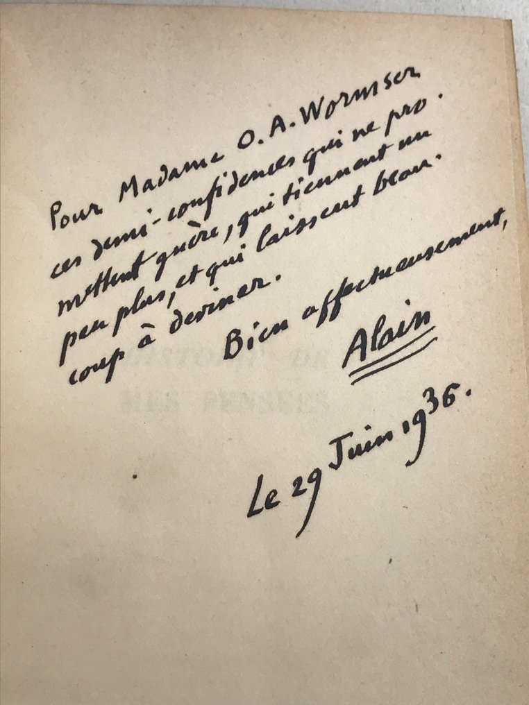 Signé; Alain - Histoire de mes pensées [avec un envoi à Olga Wormser] - 1936 #1.0