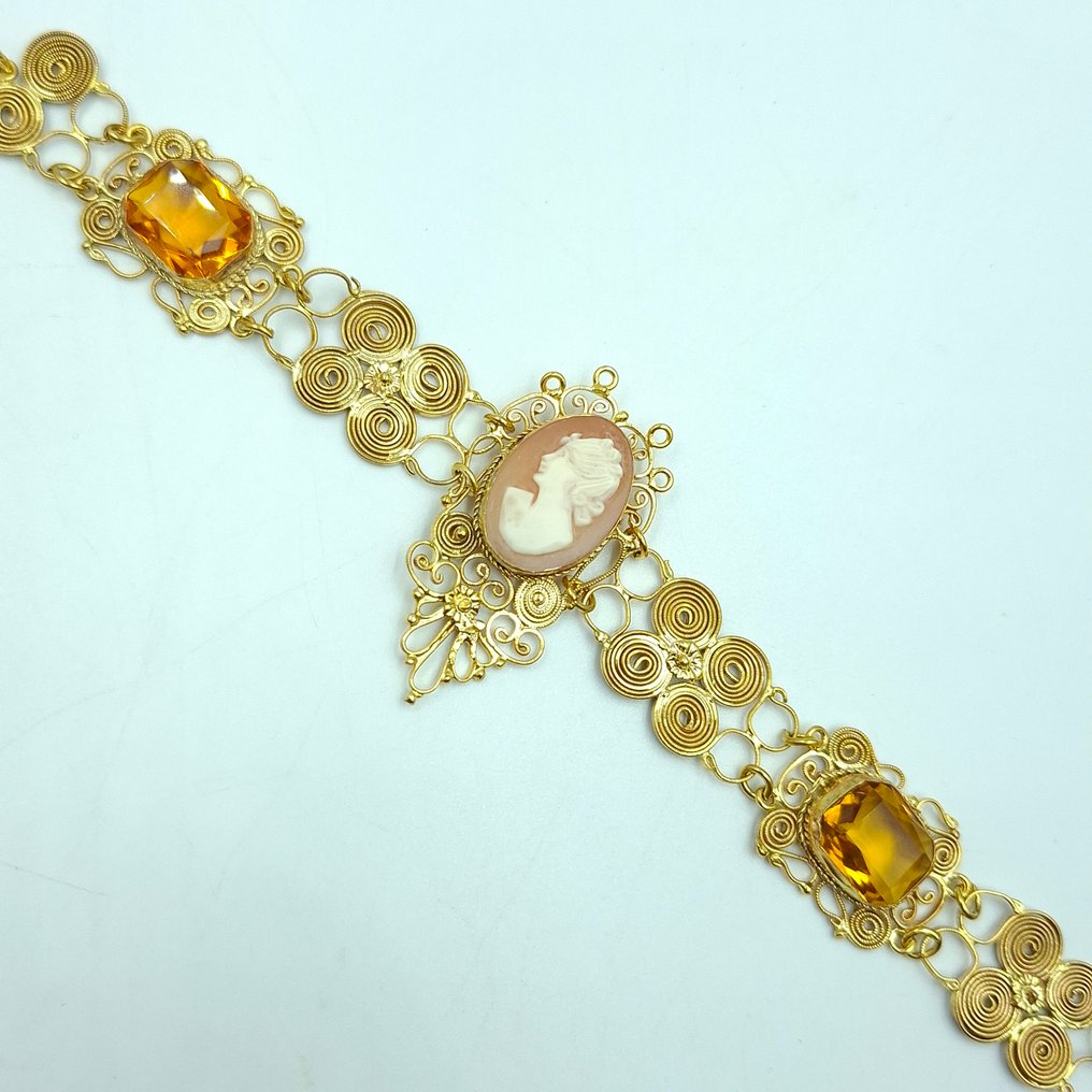 沒有保留價 - 手鈪 銀, 鍍金 -  72.00ct. tw. 紅玉髓 - 黃玉 - Cameo Antico Dorato #4.3