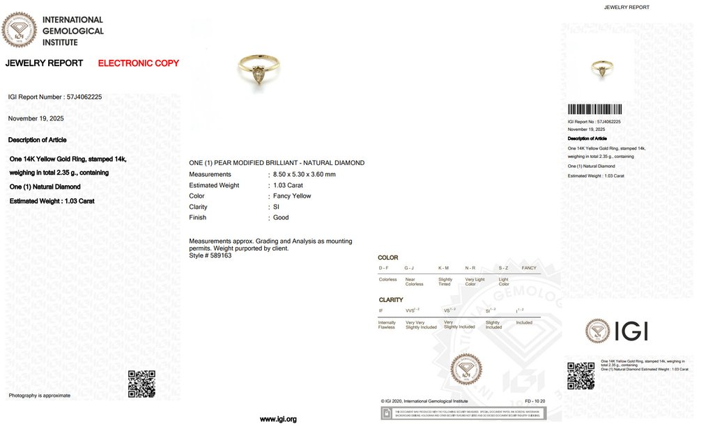 Nincs minimálár - Gyűrű - 14 kt. Sárga arany - 1.03ct. tw. Sárga Gyémánt (Természetes színű) #2.1