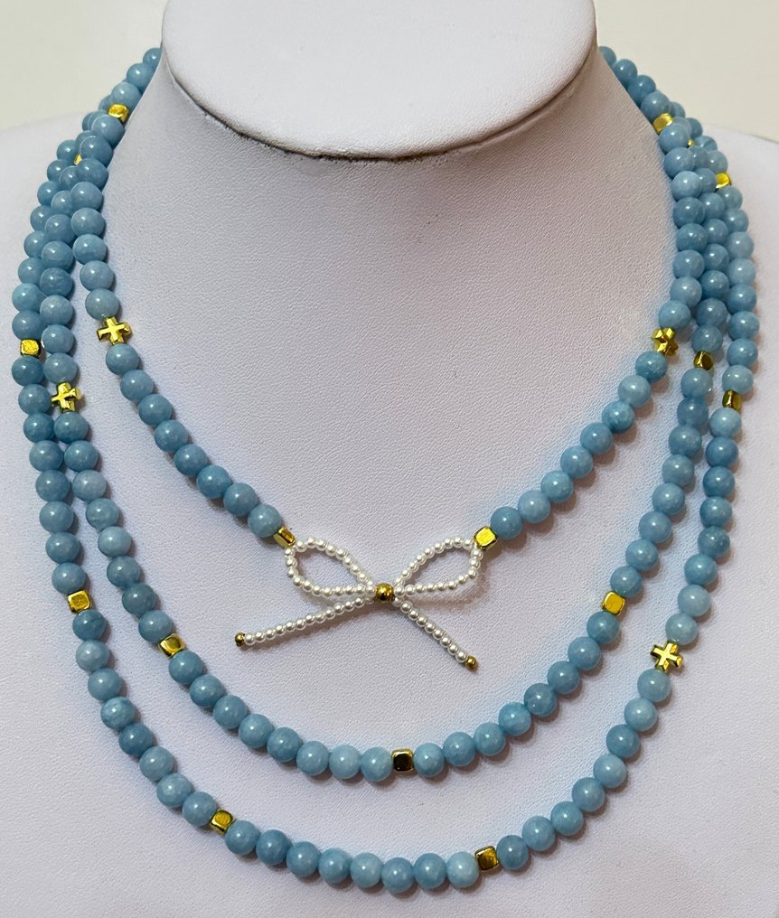 天然海蓝宝石配希腊十字。幸福、青春与活力。高品质。 - 吊墜頸鏈 - Con cierra de Plata 925. #4.3