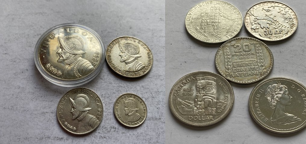 Frankreich, Kanada, Panama. Set van 4 zilveren munten uit Panama (waarvan 1 groot) #1.0