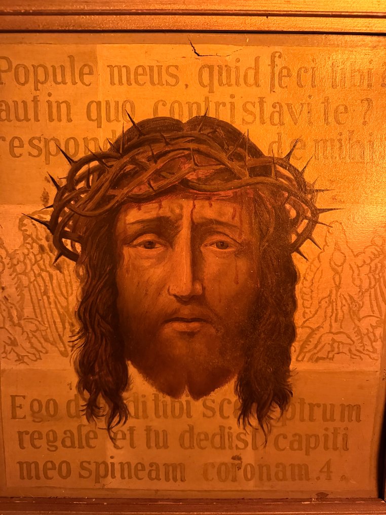Ecce Homo: Κεφάλι του Χριστού με στεφάνι από αγκάθια. - Αντίκες - Ξύλο, Λινό - 1850-1900 #4.3