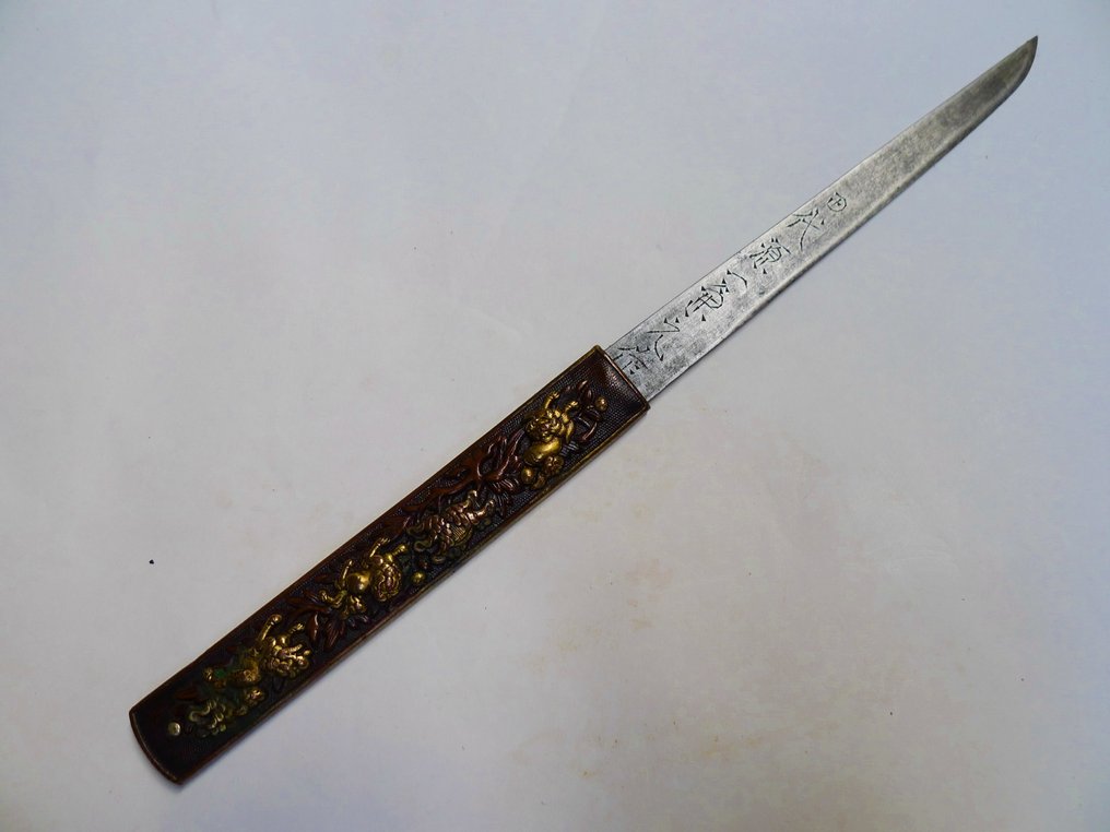 美丽的签名小刀，狮子、牡丹花、叶子、植物图案的Kozuka - 日本 #1.0