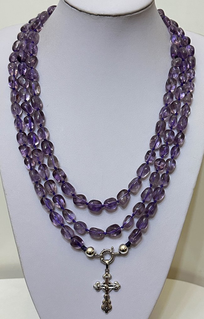 巴西紫水晶 自然十字架 高品质 AAA - 頸鏈 - 925纯银 Cierra #3.2