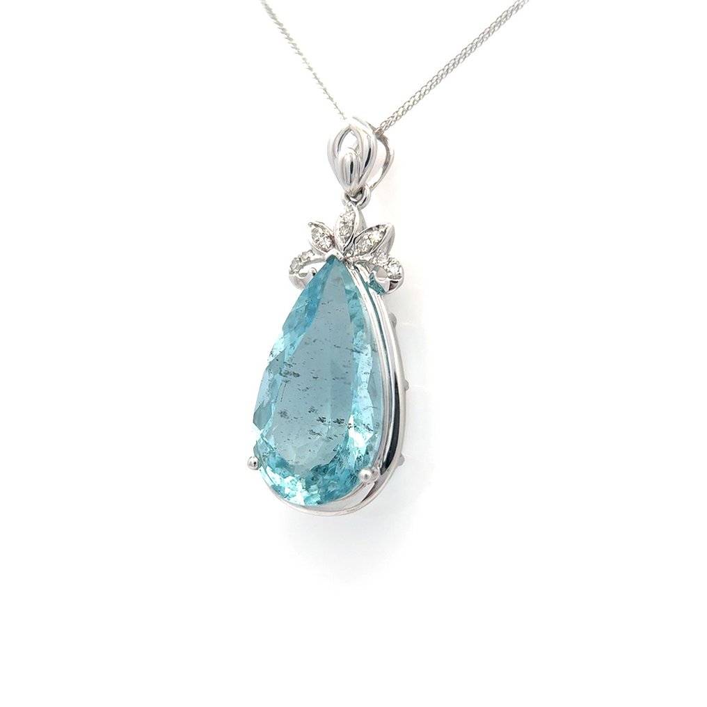 吊墜頸鏈 - 14 克拉 白金 - 5.25ct. tw. 海藍寶石 - 鉆石 #2.1