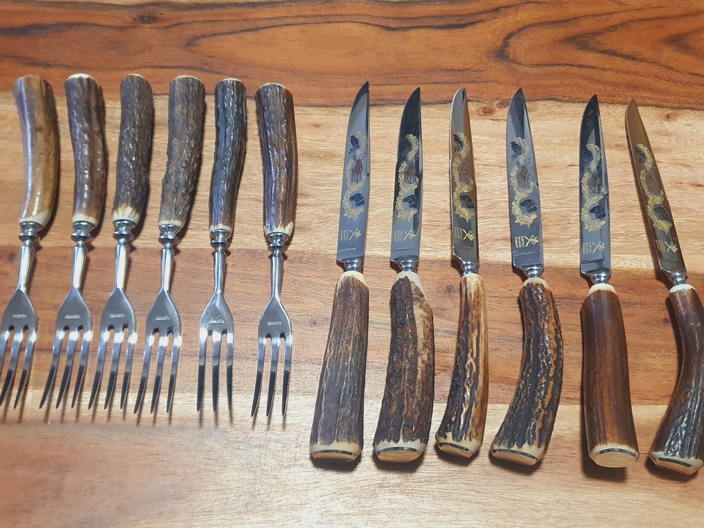 Rosfrei Solingen Germany 6 Pers.Jagd Steak Besteckset 12 Teilig - Juego de cubiertos (12) - Solingen inoxidable y cuerno #2.1