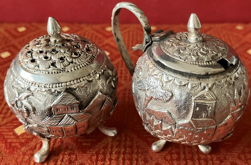 Antiek Chinese 2e gehalte zilveren strooier en mosterdpot ca. 1920 - Słoik (2) - ZII gemerkt (2e gehalte) #2.1