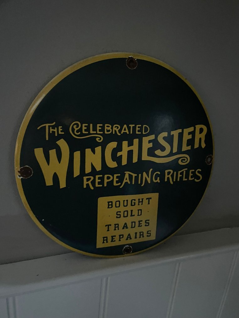 Winchester ismétlőpuska, kör alakú fém reklámtábla – „Vásárolt • Eladott • Csere • Javítás” - Zománc jel -  #4.3