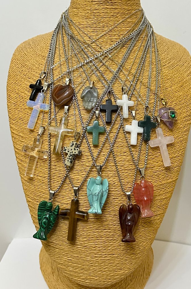 19个宗教护符：十字架、拉丁十字架、守护天使、法蒂玛之手 - 墜飾 - 天然石材 + 鏈條 #1.0