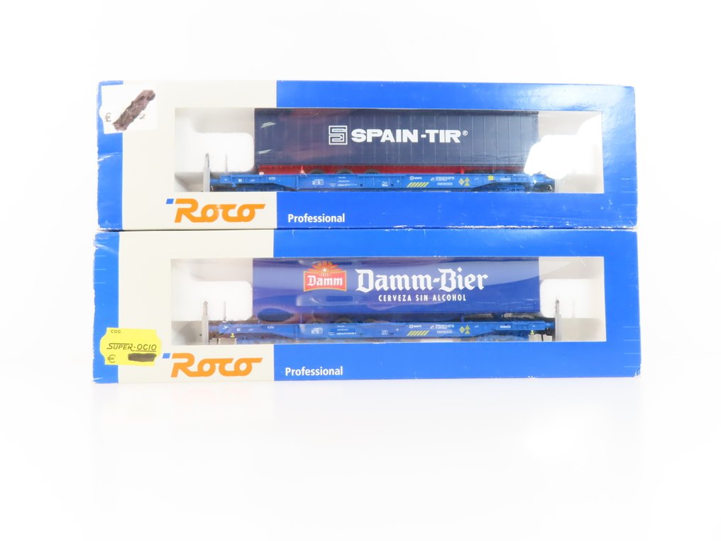 Roco H0 - 47120/47636 - Model train freight carriage (2) - 2x 4-axle container trolleys with load and markings 'DAMM Bier' and 'Spain TIR'. - Privaat, Spanje #2.1