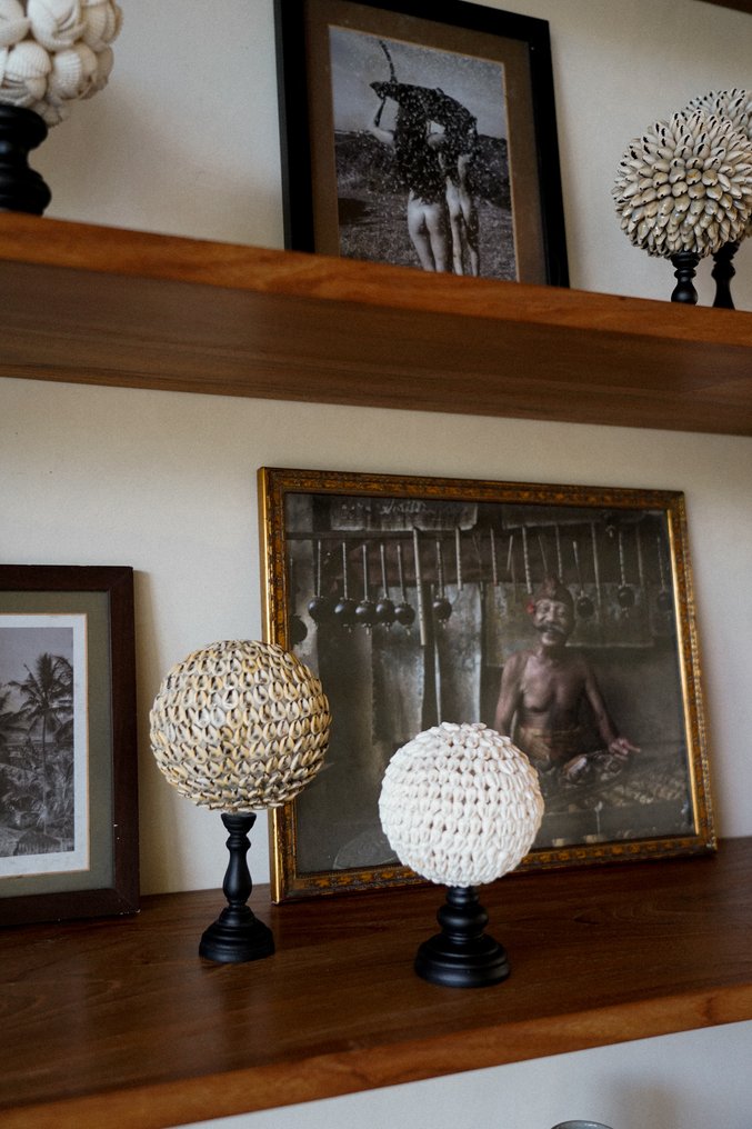 裝飾飾物 - 无底价 - 一对美丽的贝壳球和Turritella蛋形，放置在定制底座上。 - 印度尼西亞 #3.2