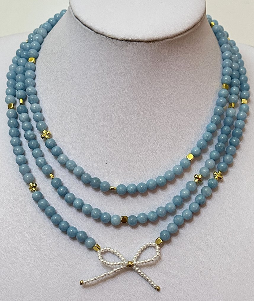 天然海蓝宝石配希腊十字。幸福、青春与活力。高品质。 - 吊墜頸鏈 - Con cierra de Plata 925. #1.0