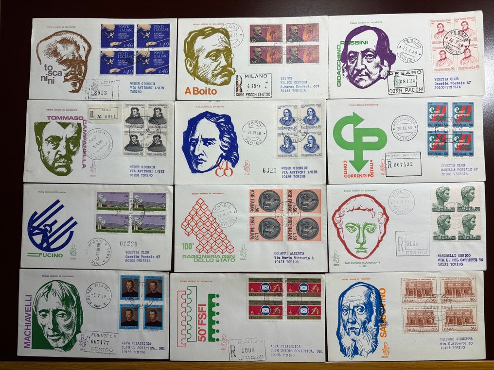 Italienische Republik 1964/1976 - Wunderschöne Auswahl an frankierten FDC Venetia in Quartina und versendet per Einschreiben. Seltene #3.2