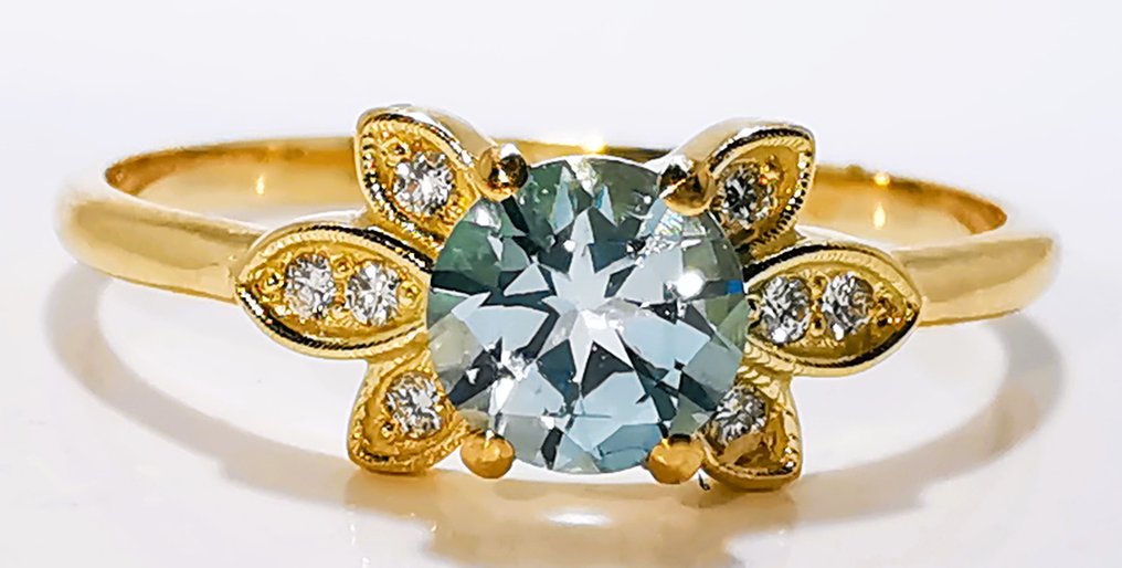 χωρίς τιμή ασφαλείας - Δαχτυλίδι - 14 καράτια Κίτρινο χρυσό - 0.44ct. tw. Ακουαμαρίνης - Διαμάντι #4.3