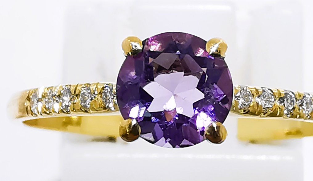 Zonder minimumprijs - Ring - 14 karaat Geel goud - 0.45ct. tw. Amethist - Diamant #4.3