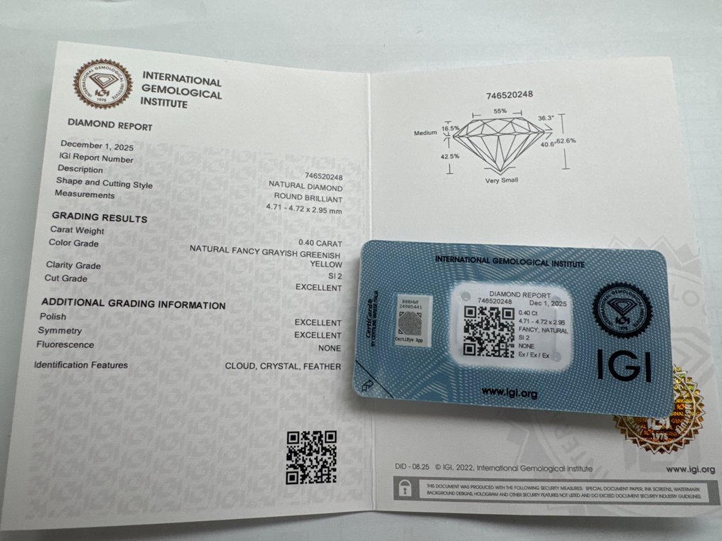 No reserve price - 1 pcs Diamond (Natural coloured) - 0.40 ct - Round - Fancy Greyish, Greenish, Yellow - SI2 - International Gemological Institute (IGI) #3.2