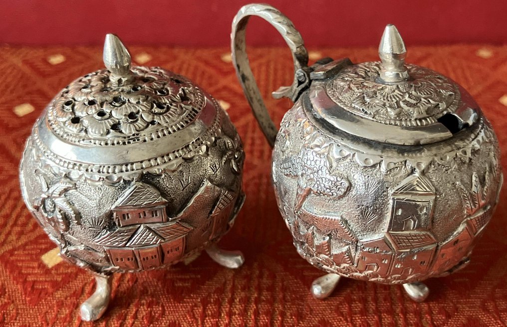 Antiek Chinese 2e gehalte zilveren strooier en mosterdpot ca. 1920 - Słoik (2) - ZII gemerkt (2e gehalte) #3.2