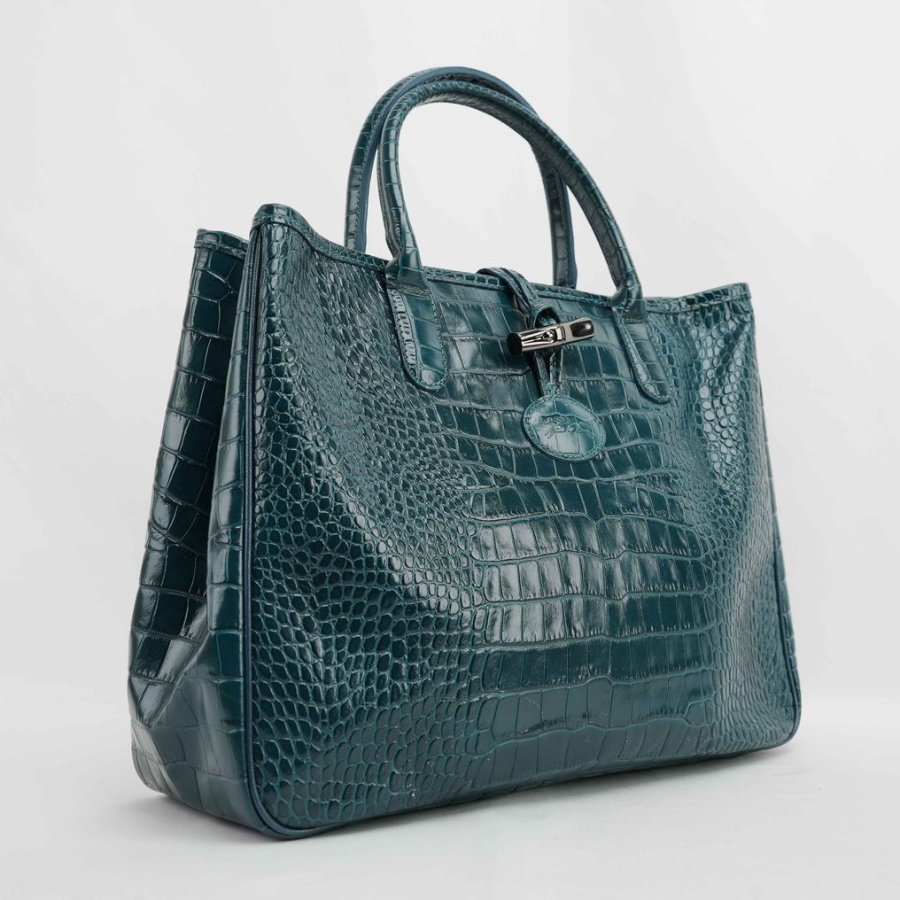Longchamp - Teal Crocodile-Embossed Leather Tote Bag with Signature Bamboo-Style Clasp – Made in France - Handväska #1.0