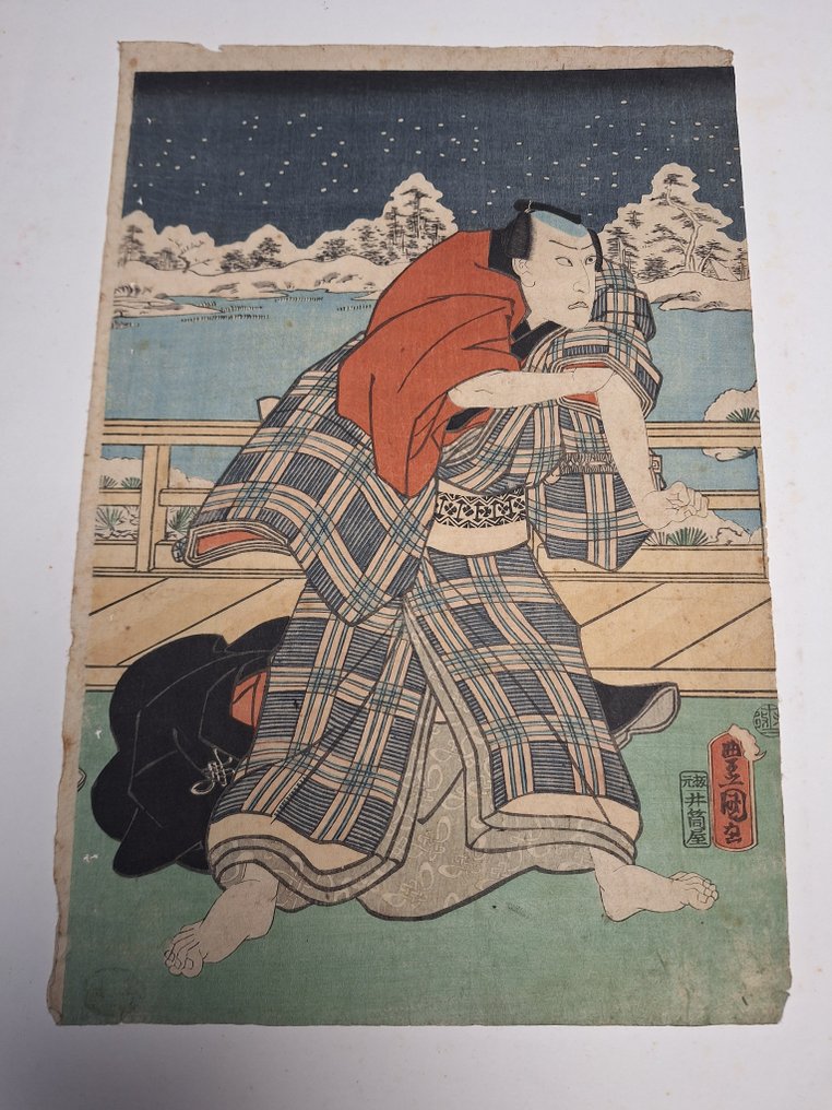 Xilografia Ukiyo-e Originale - Utagawa Kunisada (Toyokuni III) Attore Kabuki in Scena di Neve - XIX - Utagawa Kunisada (1785-1865) - Giappone - Tardo periodo Edo  (Senza prezzo di riserva) #1.0