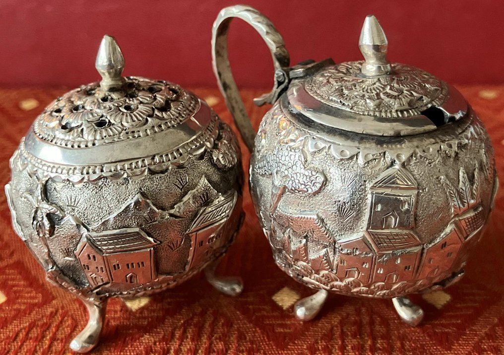 Antiek Chinese 2e gehalte zilveren strooier en mosterdpot ca. 1920 - Słoik (2) - ZII gemerkt (2e gehalte) #1.0