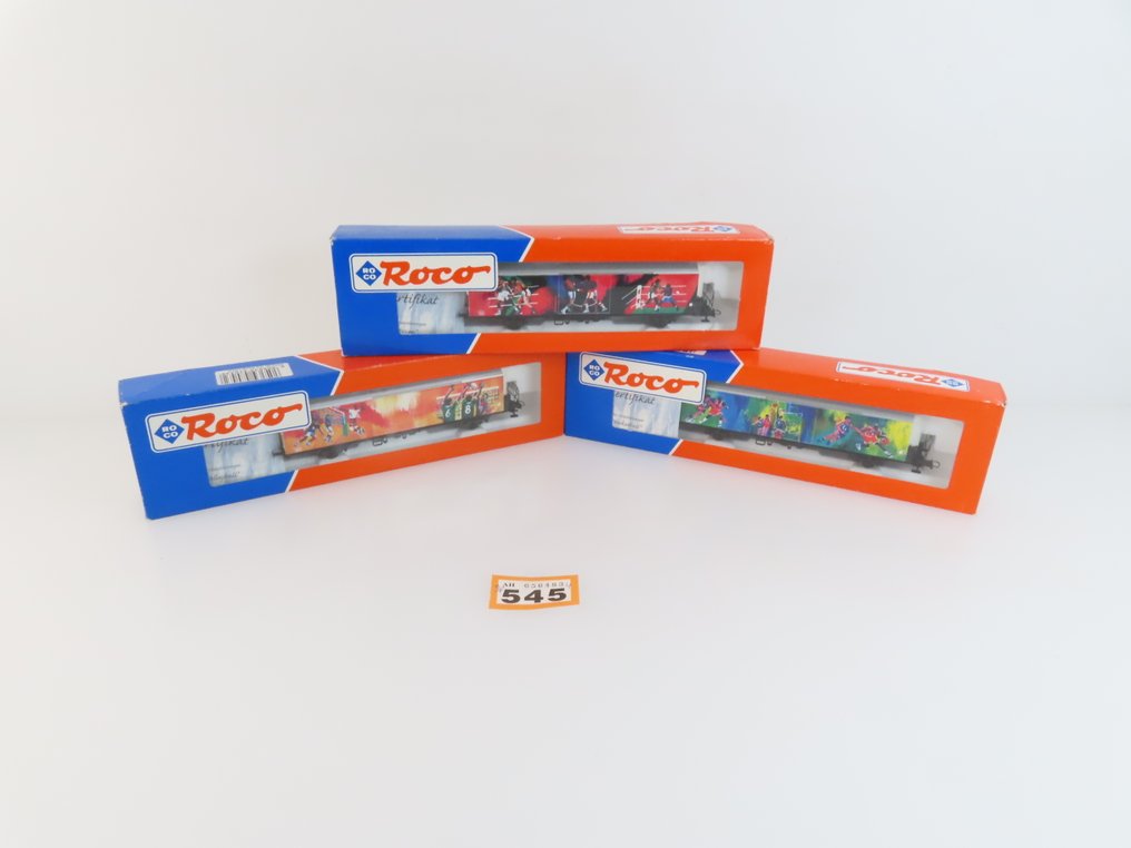 Roco H0 - 47043/47055-12/4 - 模型貨運火車 (3) - 3輛雙軸滑動牆式手推車,帶有趣味圖案(運動) #3.2