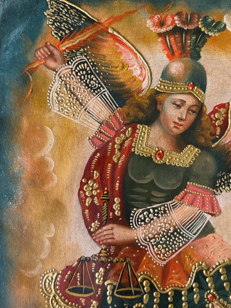 Cuzco school (Mid XX) - Archangel St Miguel with Fire Sword against Lucifer #3.2