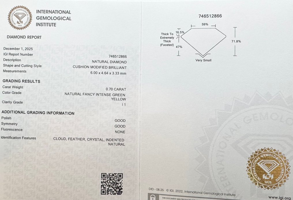 沒有保留價 - 1 pcs 鑽石  (天然彩色)  - 0.70 ct - 枕形 - Fancy intense 綠色 黃色 - I1 - 國際寶石學院（International Gemological Institute (IGI)） #2.1
