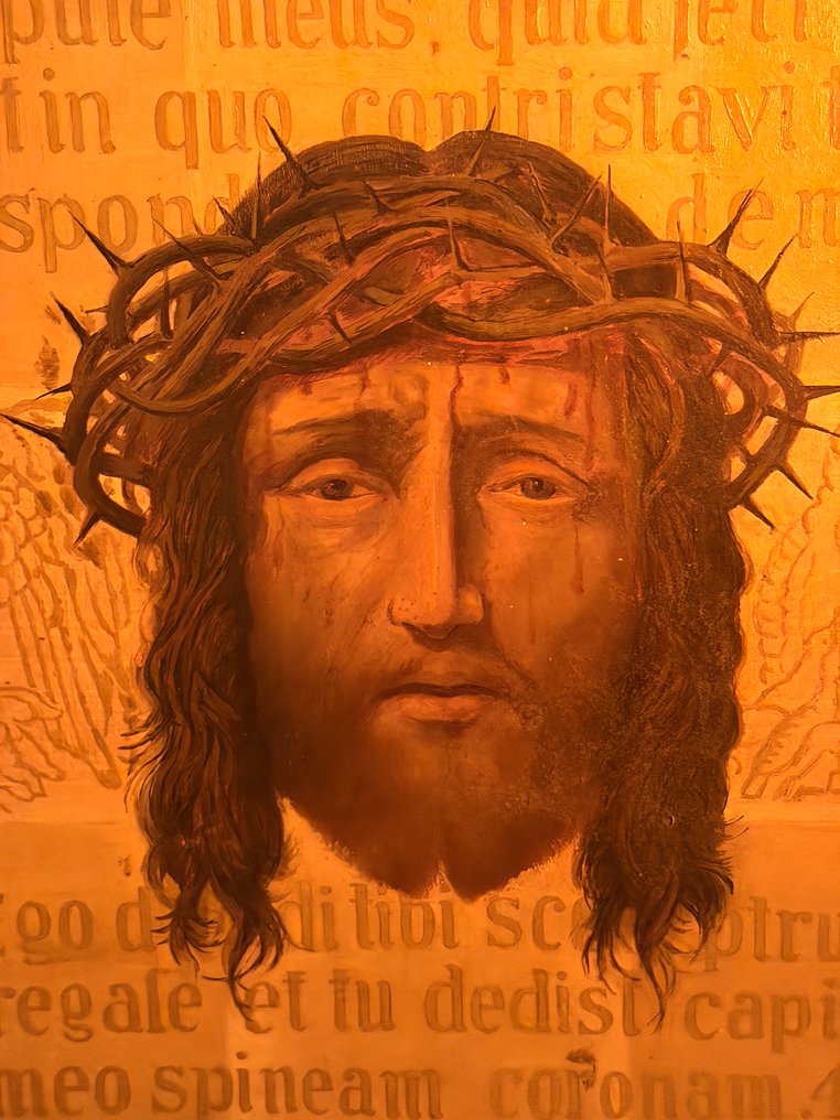 Ecce Homo: Κεφάλι του Χριστού με στεφάνι από αγκάθια. - Αντίκες - Ξύλο, Λινό - 1850-1900 #2.1